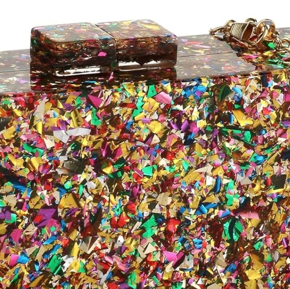 Abstract Glitter Hard Acrylic Clutch Bag Confetti Box Purse Gold Multi Crossbody